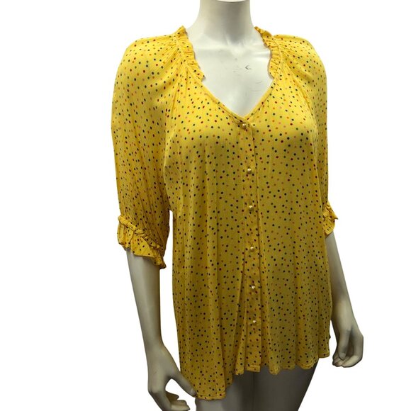 Bobeau Yellow Polka Dot Boho-Chic Button-Up Blouse Ruffle Sleeves Womens L NWT - Picture 3 of 6